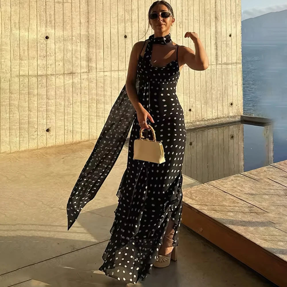 Vestido Largo de Lunares con Pañuelo