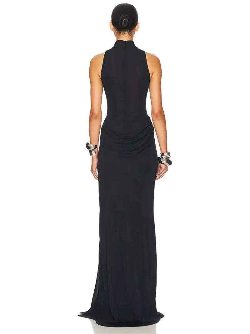 Vestido Largo Plisado Cuello Alto
