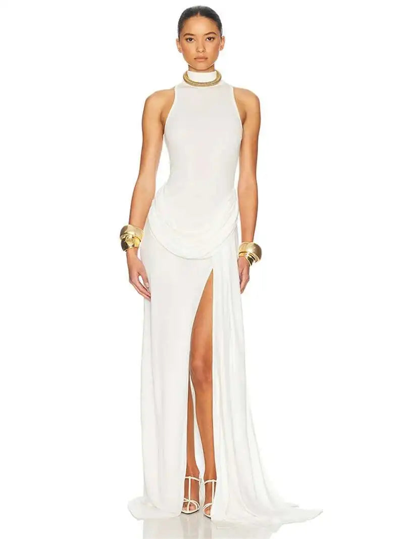 Vestido Largo Plisado Cuello Alto