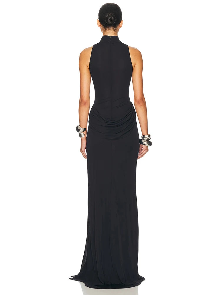 Vestido Largo Plisado Cuello Alto