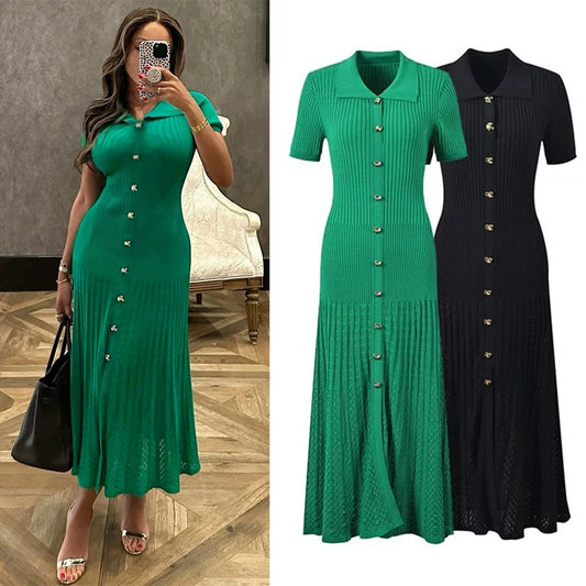 Vestido Largo de Punto con Cuello Camisero