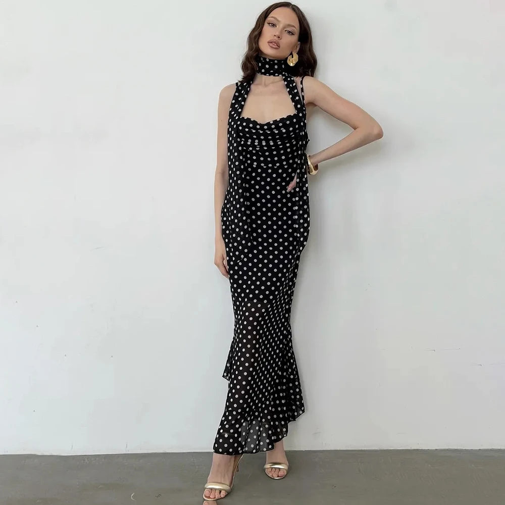 Vestido Largo de Lunares con Pañuelo