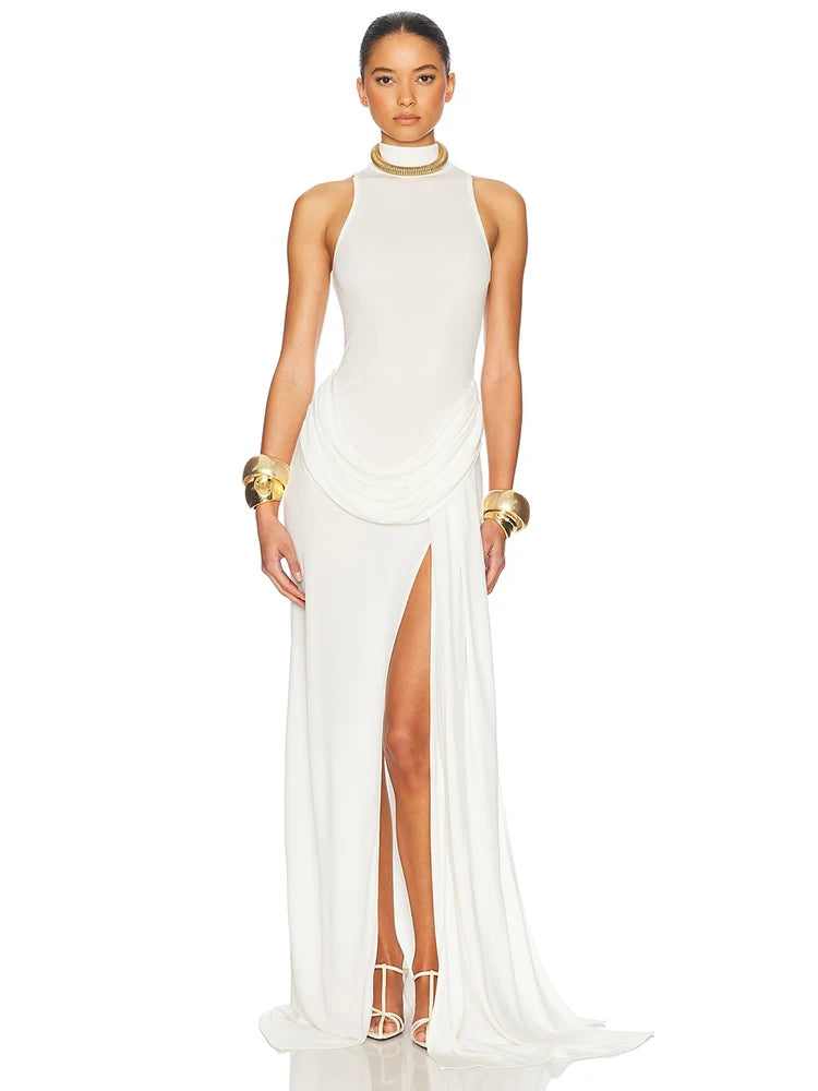 Vestido Largo Plisado Cuello Alto