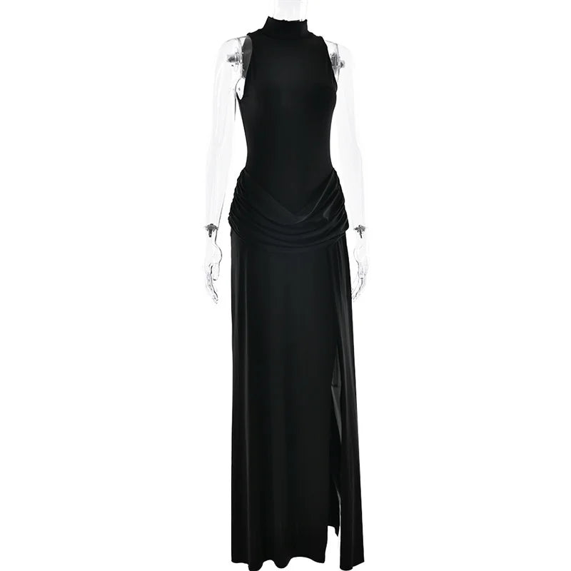 Vestido Largo Plisado Cuello Alto