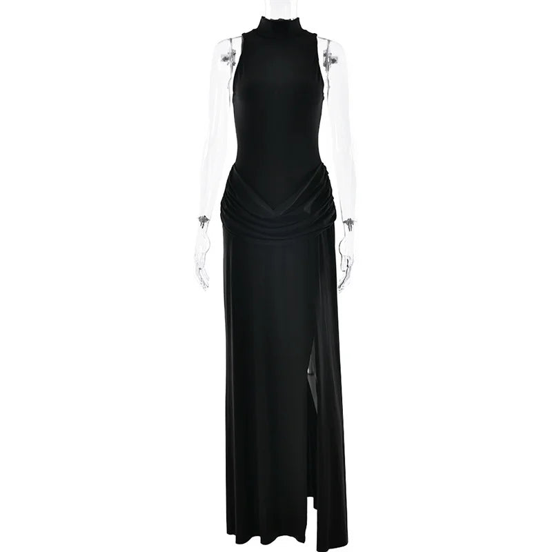 Vestido Largo Plisado Cuello Alto