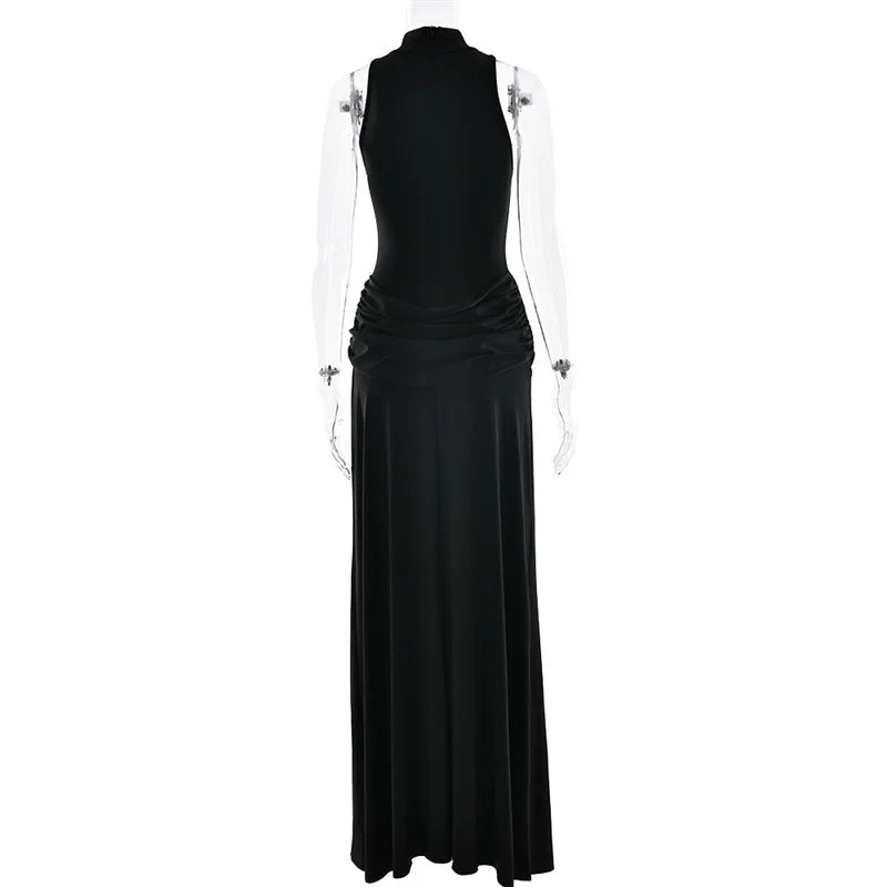 Vestido Largo Plisado Cuello Alto